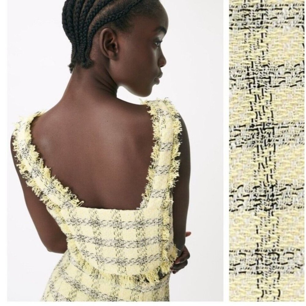 Y2K Zara Womens Crop Top Size L Yellow Black Plaid Frayed Preppy Popstar Bratz - Picture 13 of 14